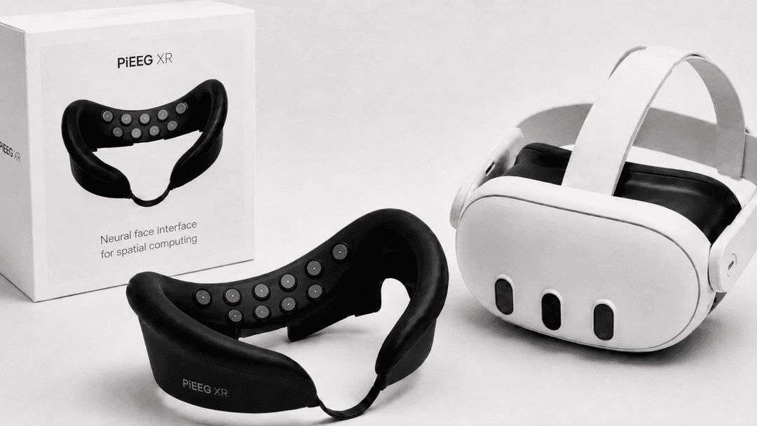 PiEEG XR face gasket with eight dry electrodes, kit box, and VR headset