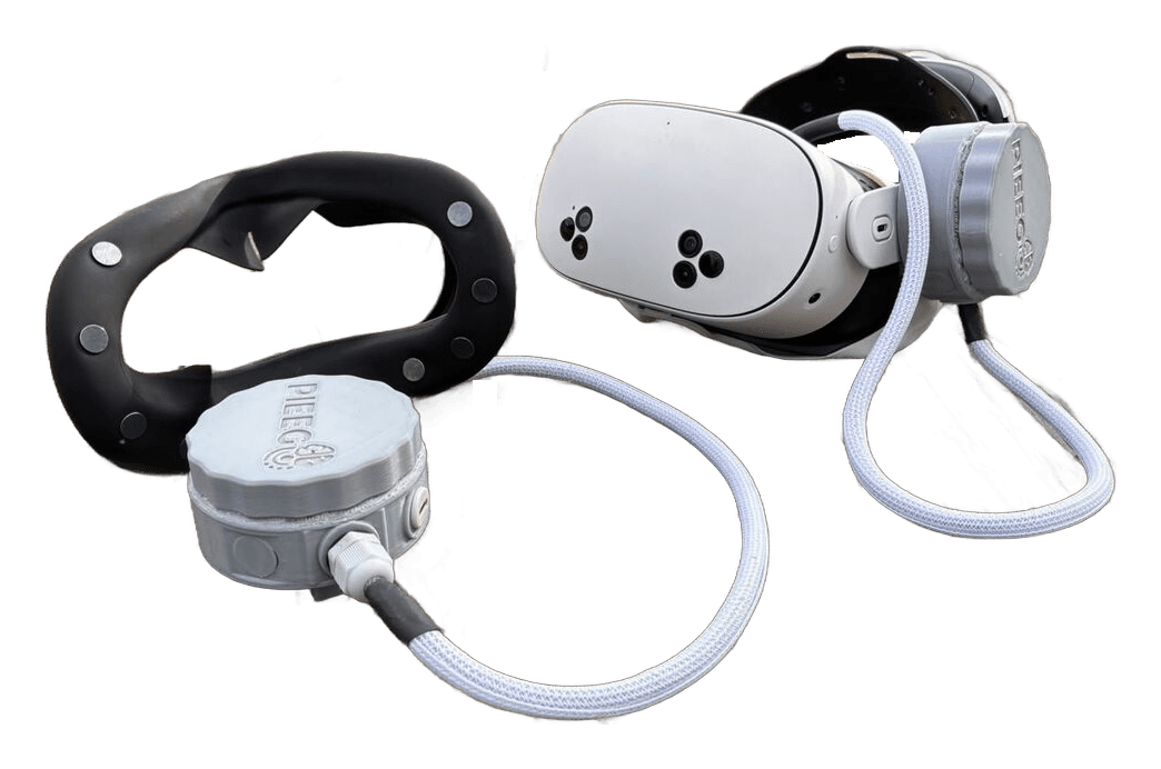 PiEEG XR face gasket with eight dry electrodes, kit box, and VR headset