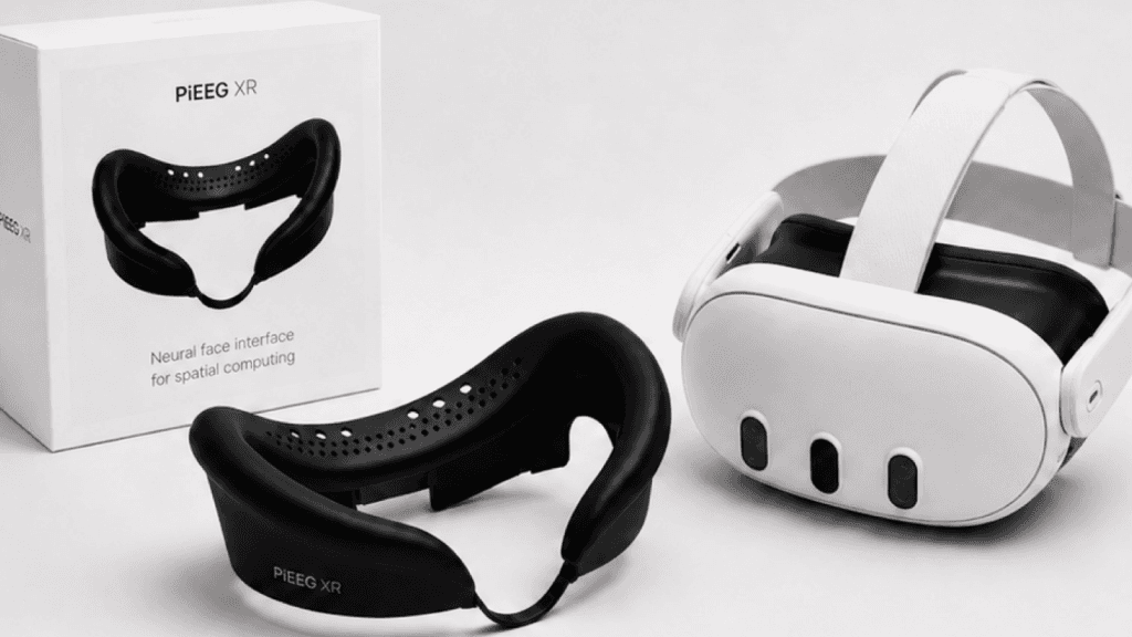 PiEEG XR gasket rear view with sensor wells, kit box, and VR headset